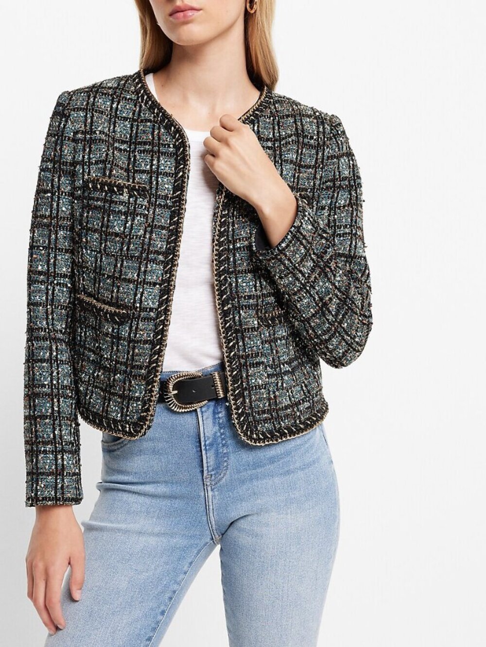 EXPRESS Metallic Plaid Gold Chain Tweed Jacket | Size XS